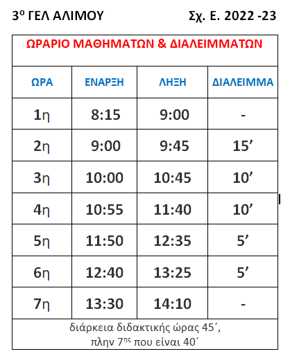 ΩΡΑΡΙΟ ΛΕΙΤΟΥΡΓΙΑΣ σχ. έτους 2022 23